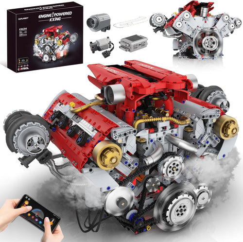 Brick-built V8 engine model with exposed cylinders and crankshaft