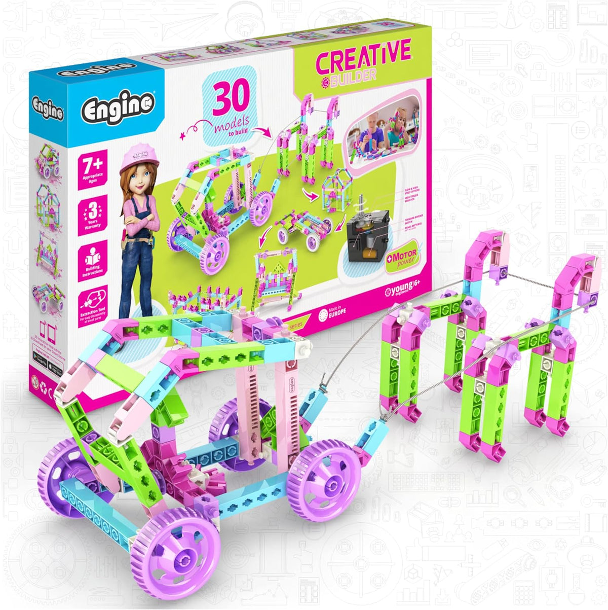 Colorful motorized toy vehicle built from snap construction parts