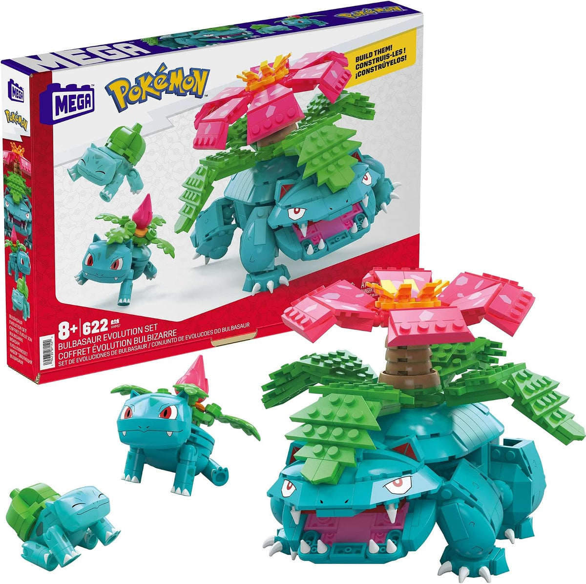 Three brick-built plant creature figures in growing evolution stages