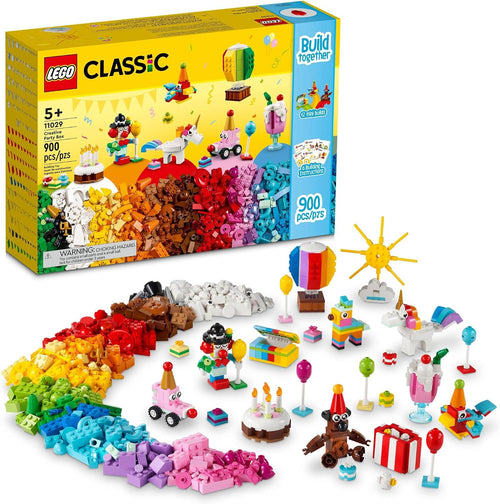 Storage box of colorful bricks with small built teddy bear, clown and unicorn models