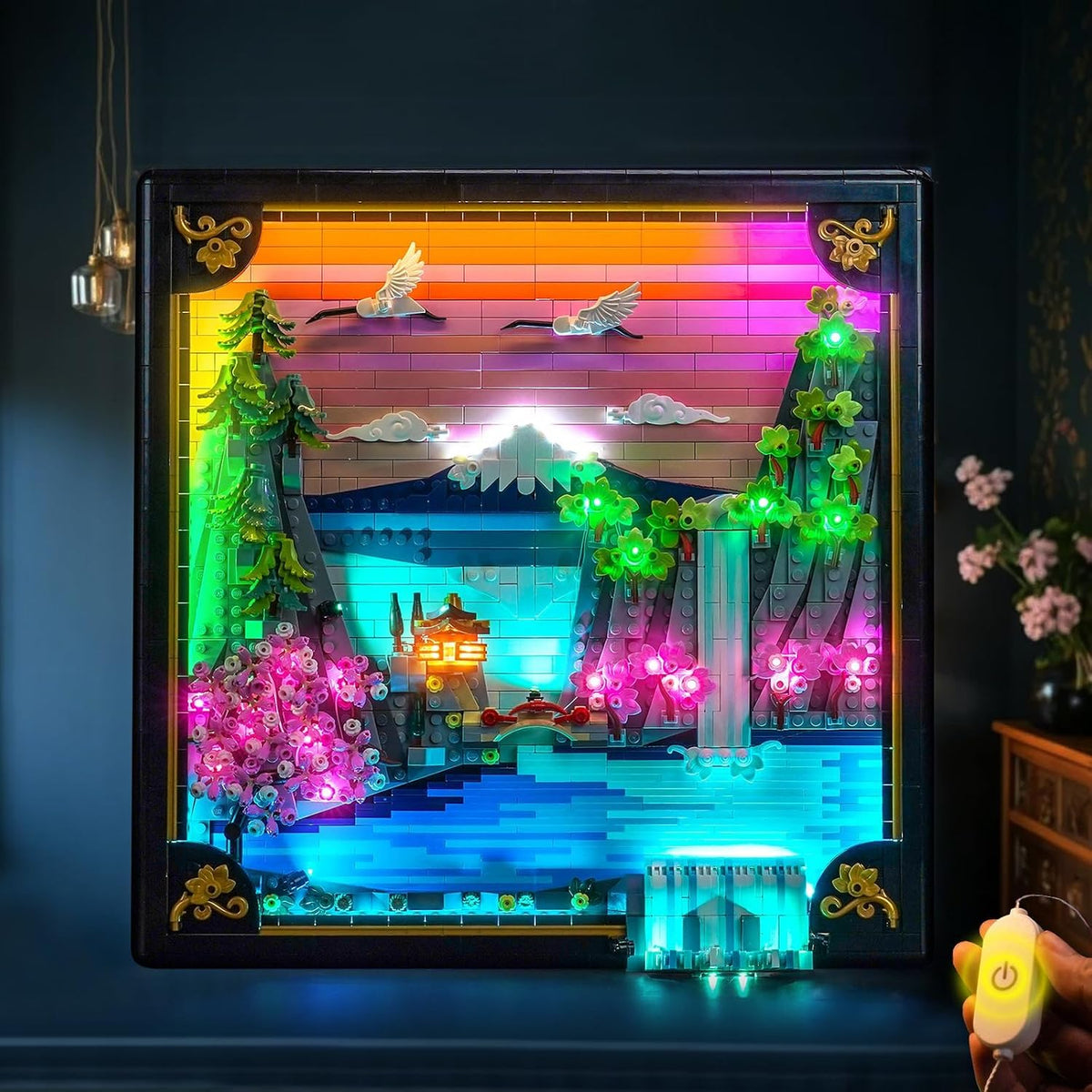 Japanese cherry blossom landscape brick model glowing with pink LED lights – view 2