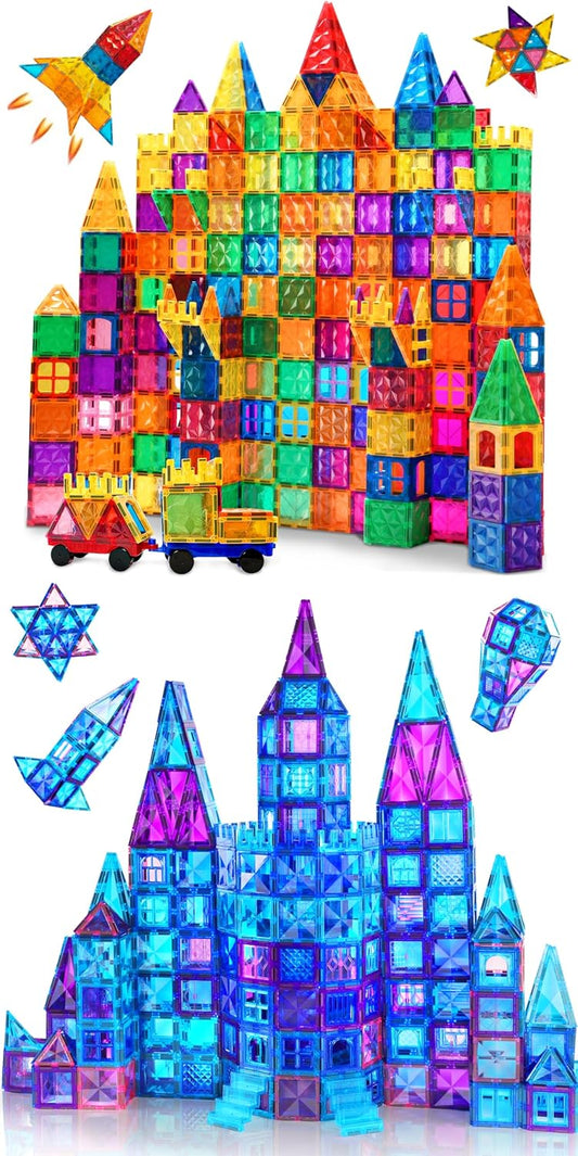 Colorful translucent magnetic tiles with diamond texture built into a castle and towers