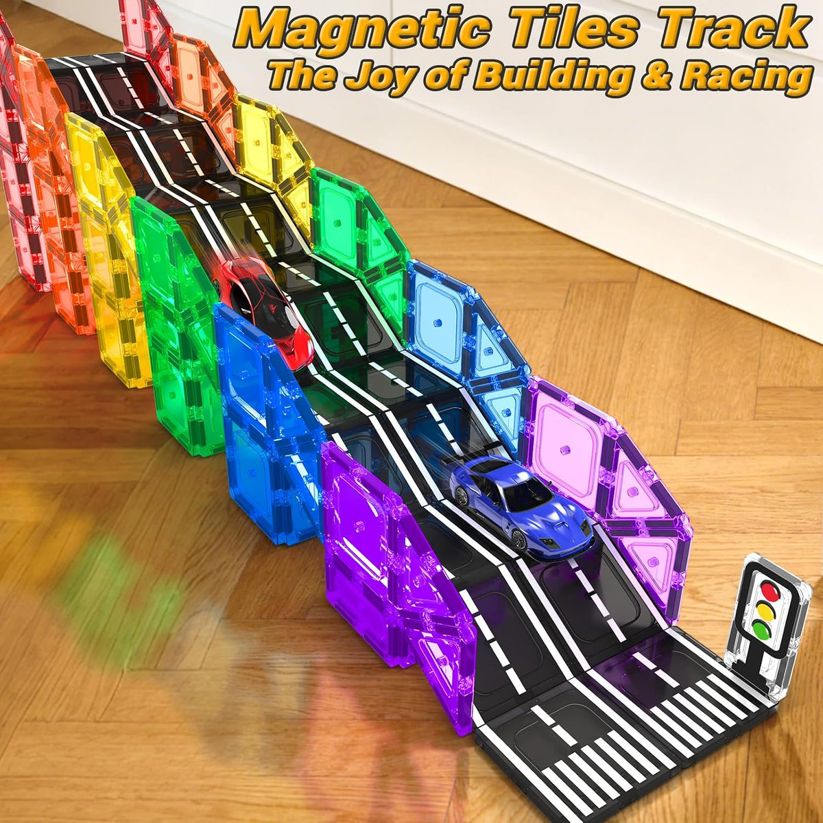 Magnetic tile city with roads, bridge and intersection built on the floor