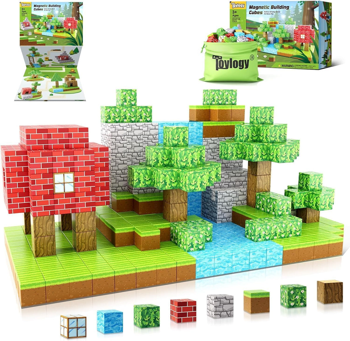 Green and brown 1-inch magnetic cubes built into a forest scene with dinosaur figures – view 3