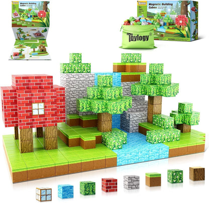 Green and brown 1-inch magnetic cubes built into a forest scene with dinosaur figures – view 3