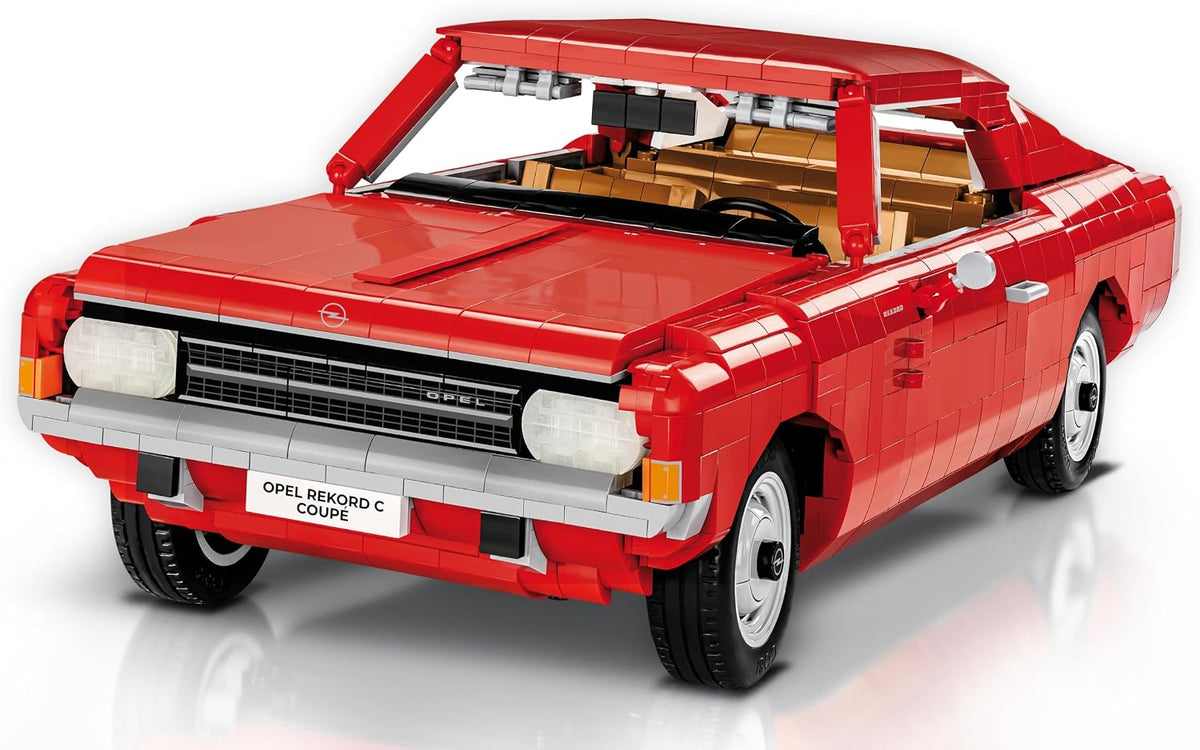 Brick-built vintage coupe car model shown from the side