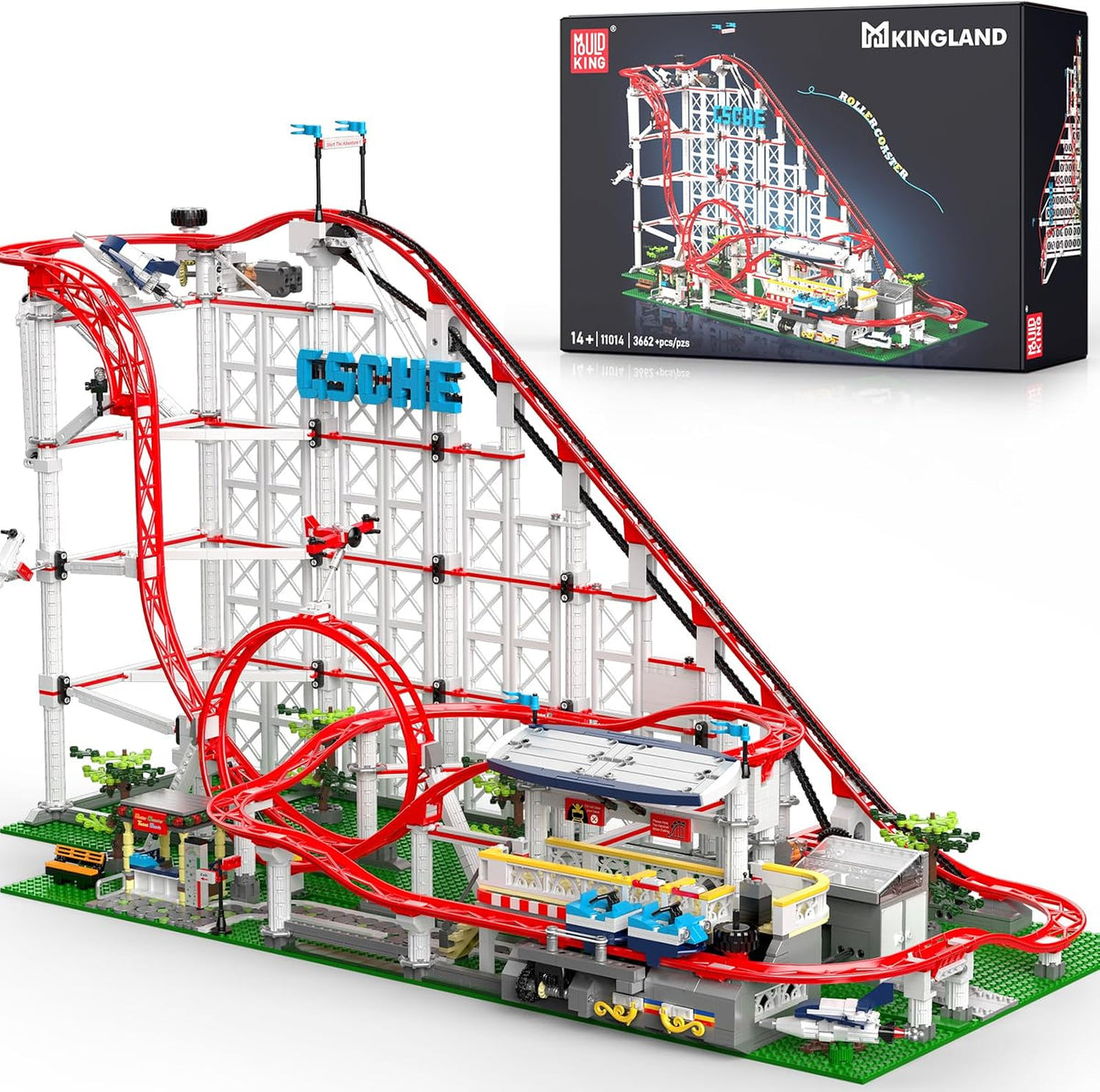 Brick roller coaster with double-helix loop beside a swinging pirate ship ride – view 2