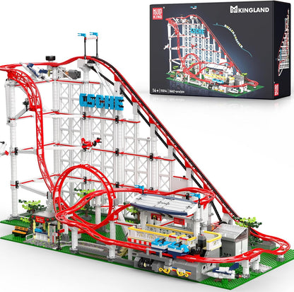 Brick roller coaster with double-helix loop beside a swinging pirate ship ride – view 2
