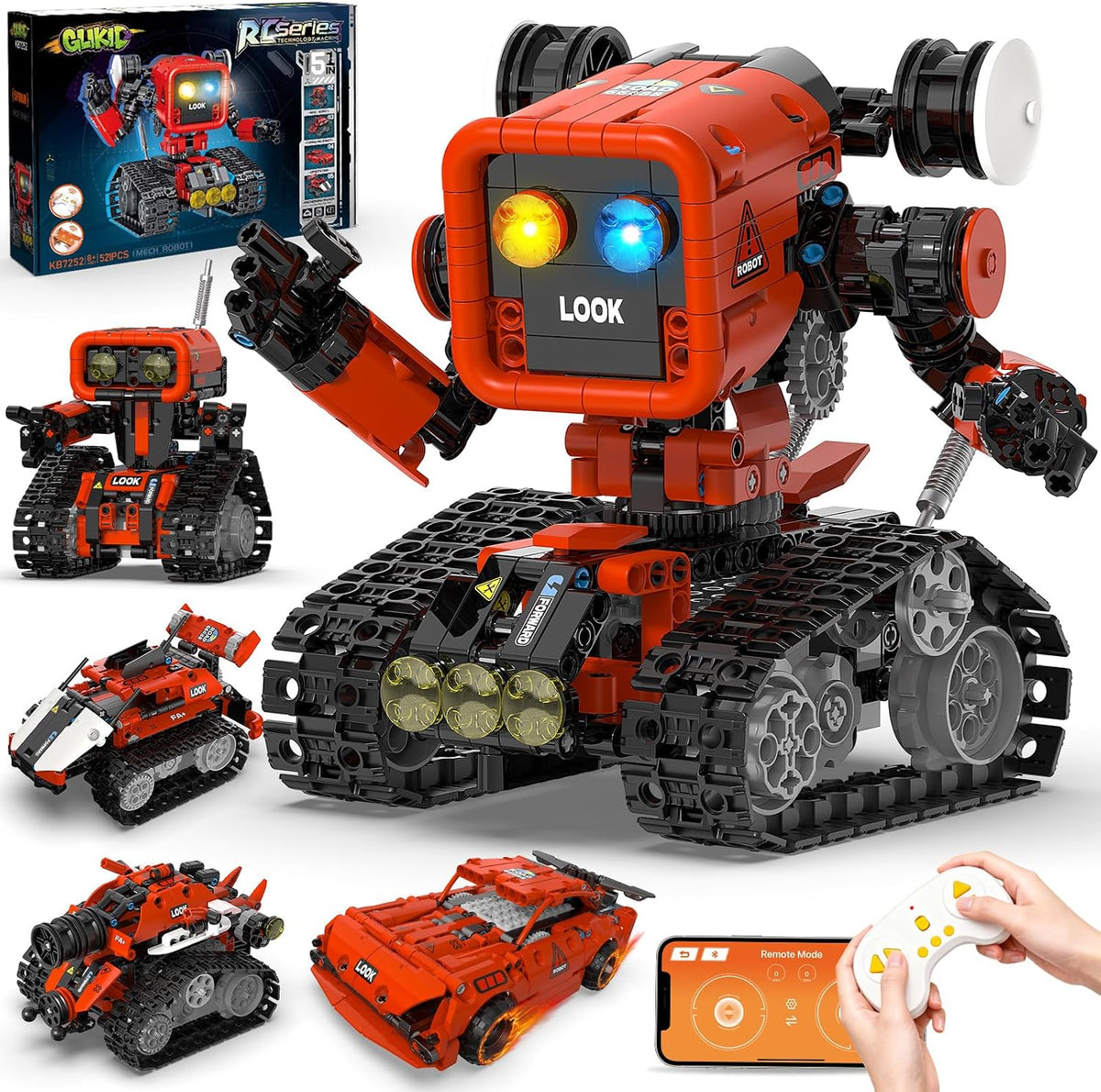 Red brick-built robot vehicle with remote control from a 5-in-1 kit – view 2