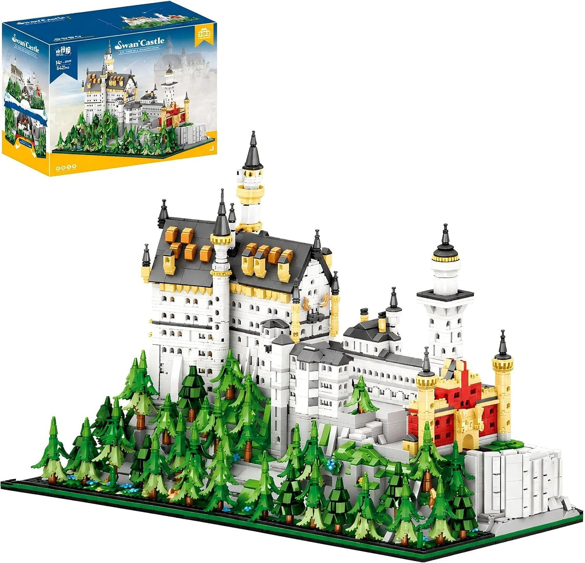 Brick-built white multi-tower castle on a green hill with trees and paths