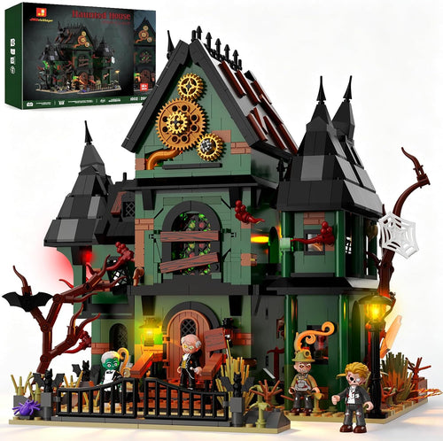 Dark haunted ghost house brick model with crooked roof and four small figures