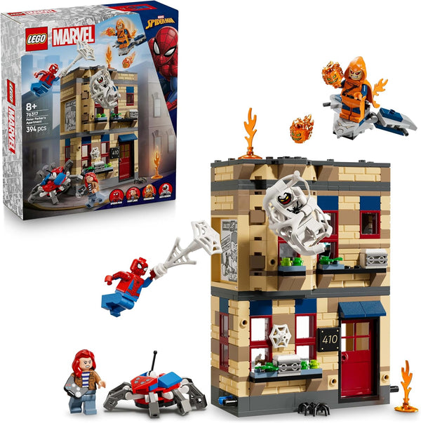City apartment brick model with giant web and hero minifigures