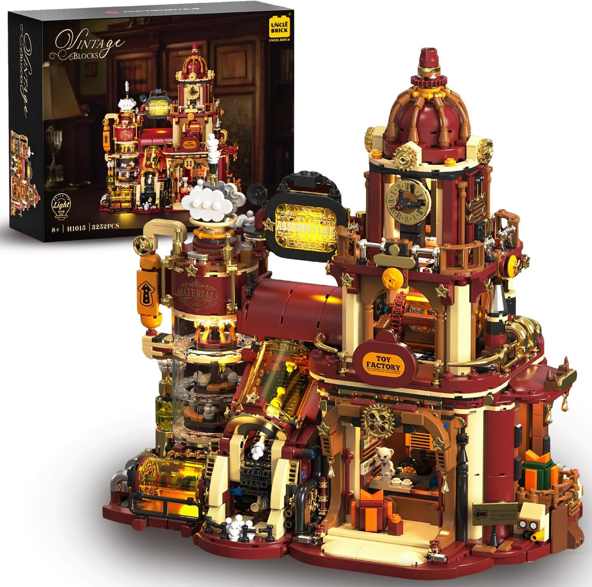 Brick-built steampunk gift factory with gears, lighted sign and kitten