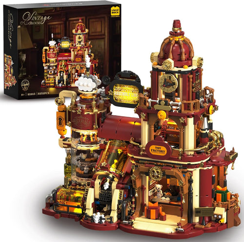 Brick-built steampunk gift factory with gears, lighted sign and kitten