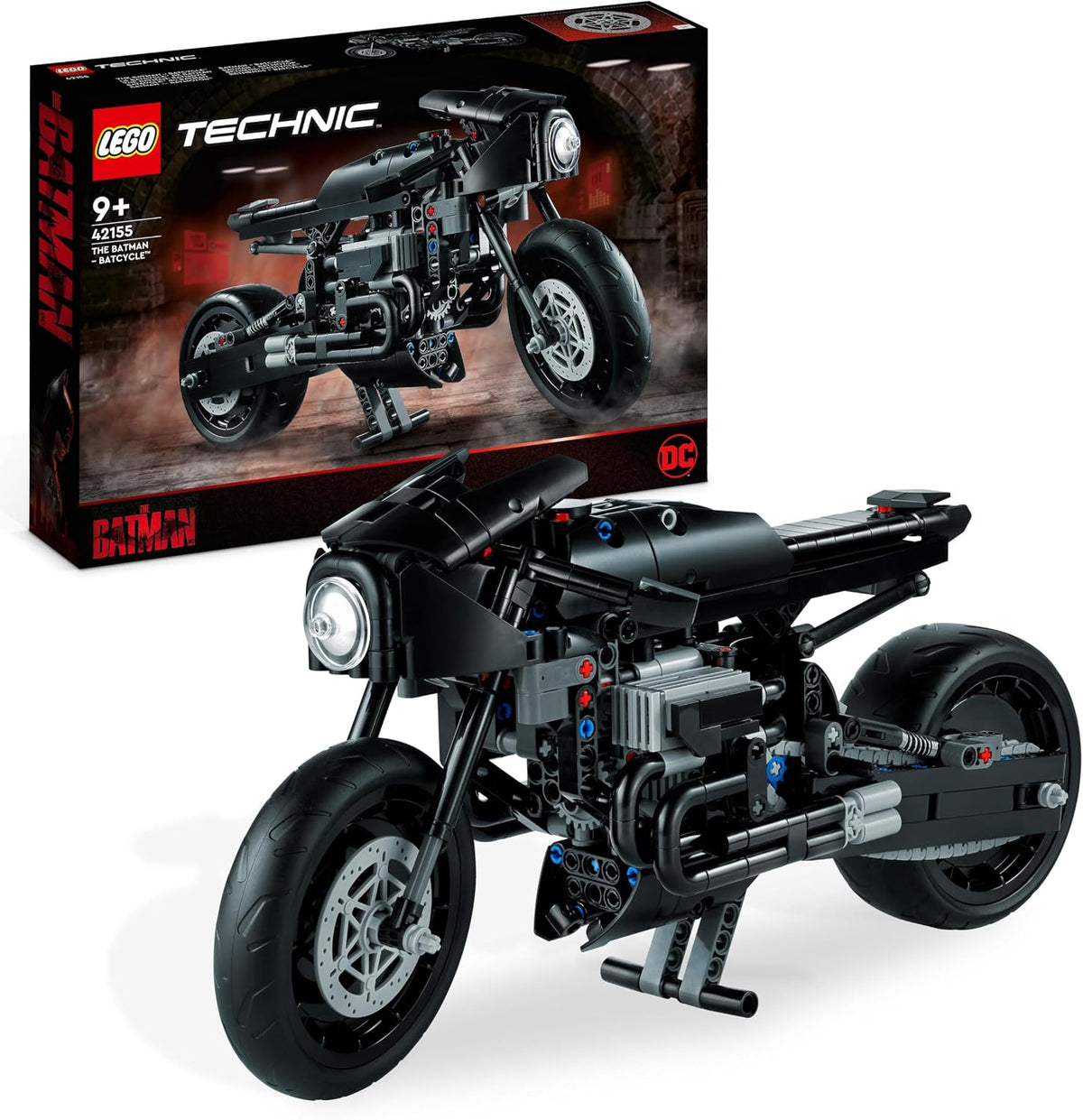 Dark superhero motorcycle brick model with chain drive standing on its display support