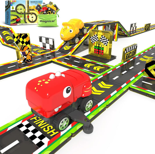Colorful magnetic tiles built into a racing car with dinosaur figures