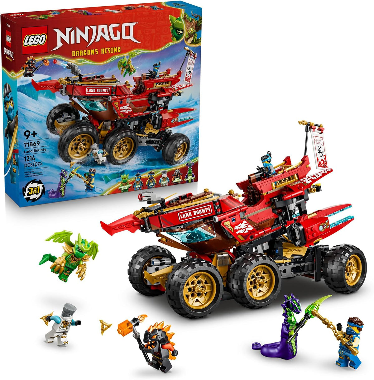 Brick-built six-wheeled ninja land cruiser with figures and detachable vehicles