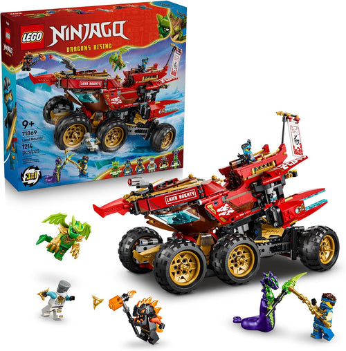 Brick-built six-wheeled ninja land cruiser with figures and detachable vehicles