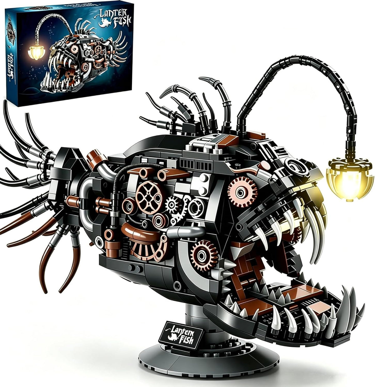 Brick-built mechanical robotic hand with glowing blue core and lit cables – view 2