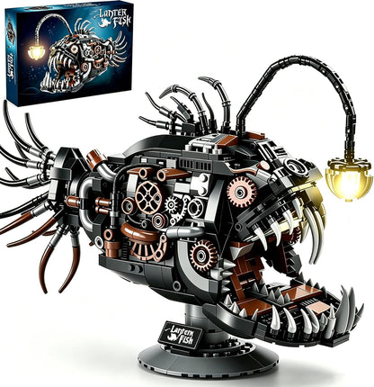 Brick-built mechanical robotic hand with glowing blue core and lit cables – view 2