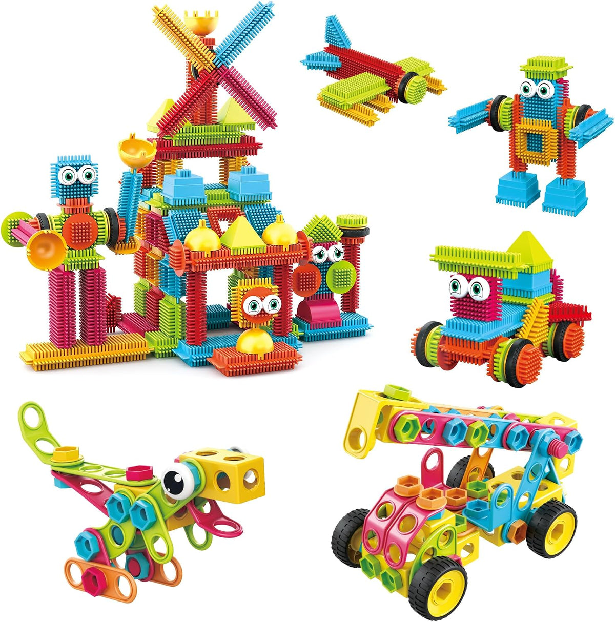 Colorful bristle shape building blocks assembled into 3D structures