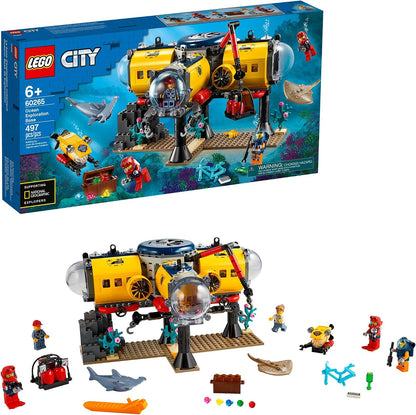 Brick-built ocean research base with submarine, divers and shark figure