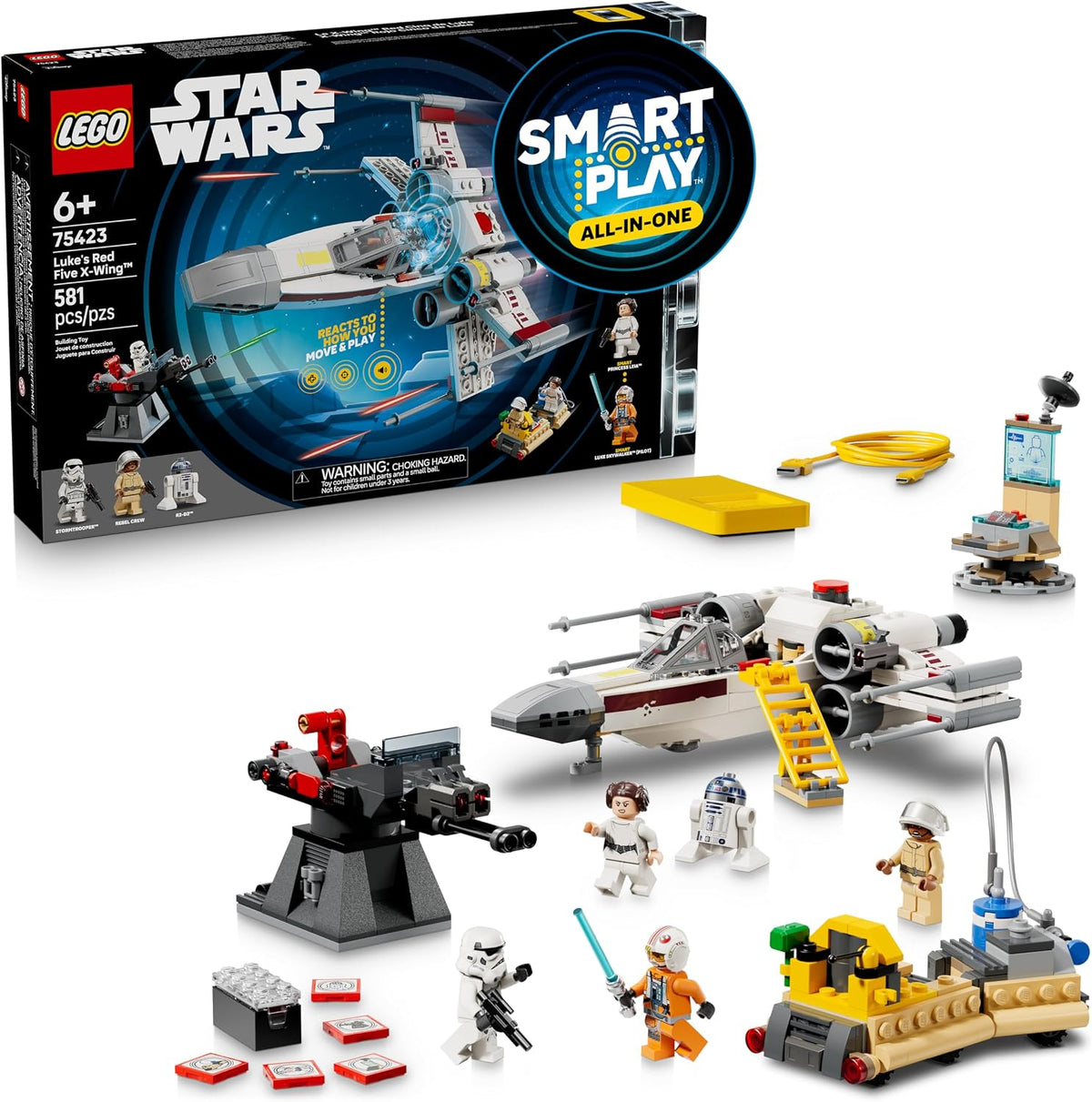 White and red brick-built space starfighter with wings open beside a turret and pilot figure