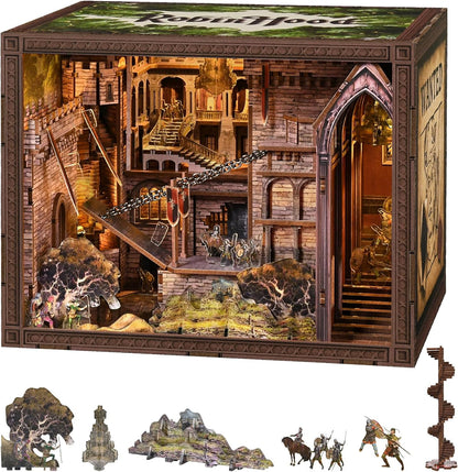 Lit fantasy castle book nook diorama standing between books on a shelf – view 18