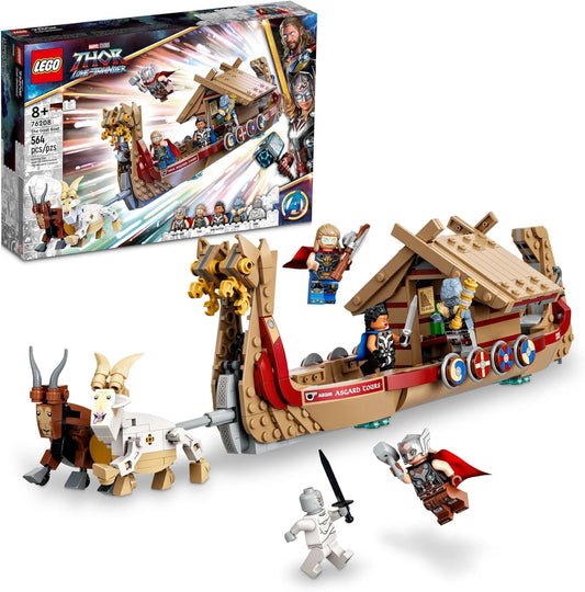 Brick Viking longboat with shields and sail pulled by two goat figures