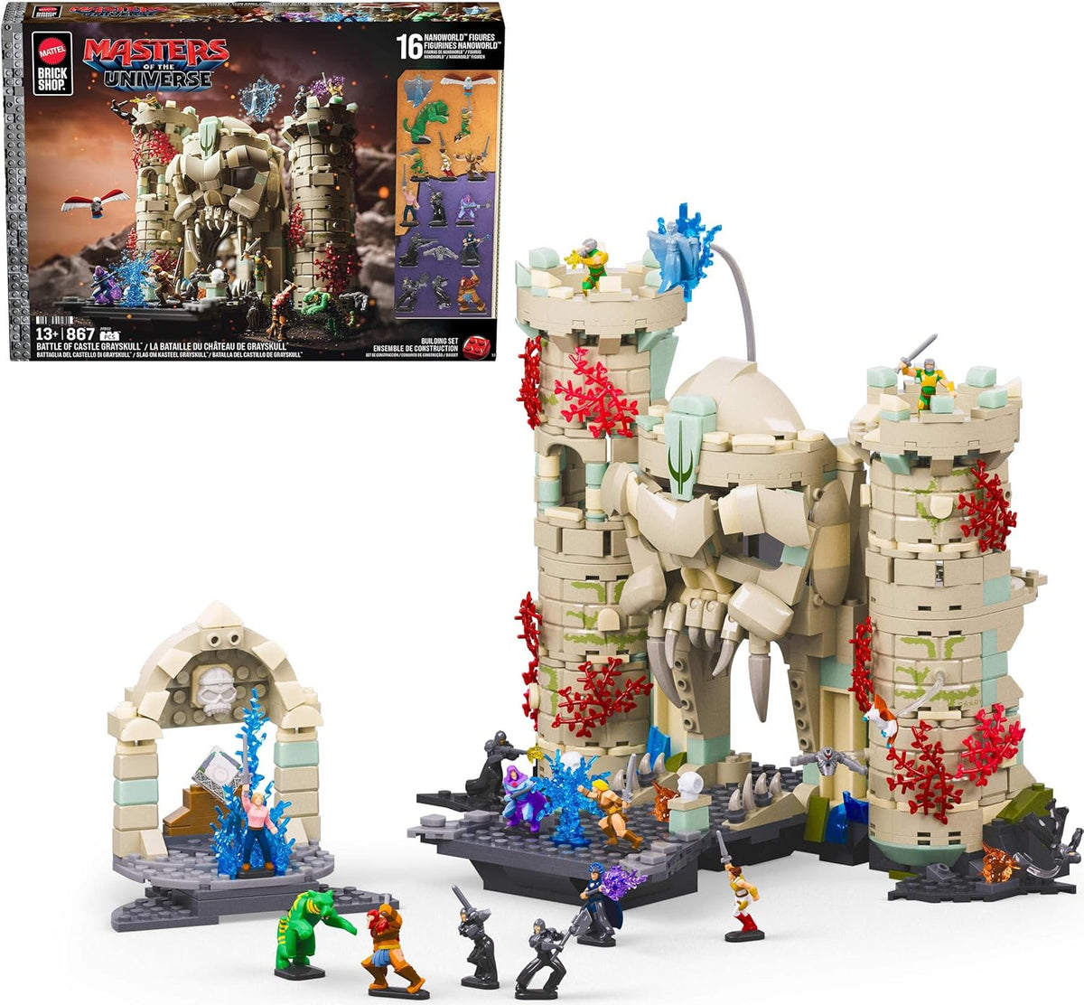 Brick-built fantasy skull-faced castle with small hero and villain figures