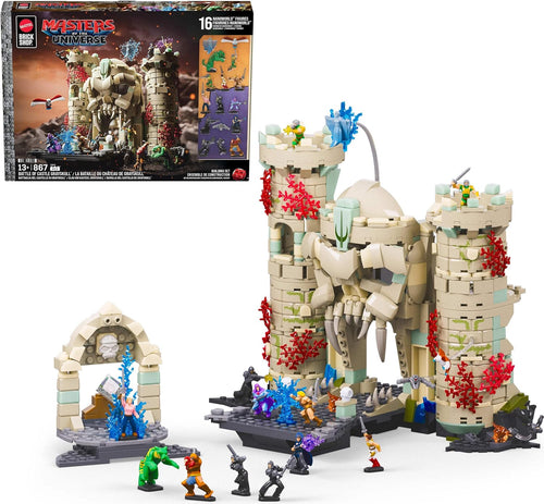 Brick-built fantasy skull-faced castle with small hero and villain figures