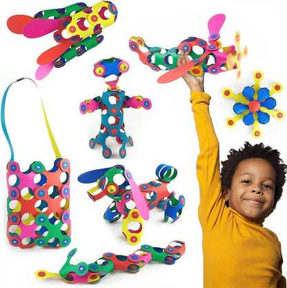 Rainbow flexible magnetic building pieces clicked together into a colorful 3D shape