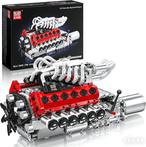 Brick-built V12 engine model with two cylinder banks and moving parts