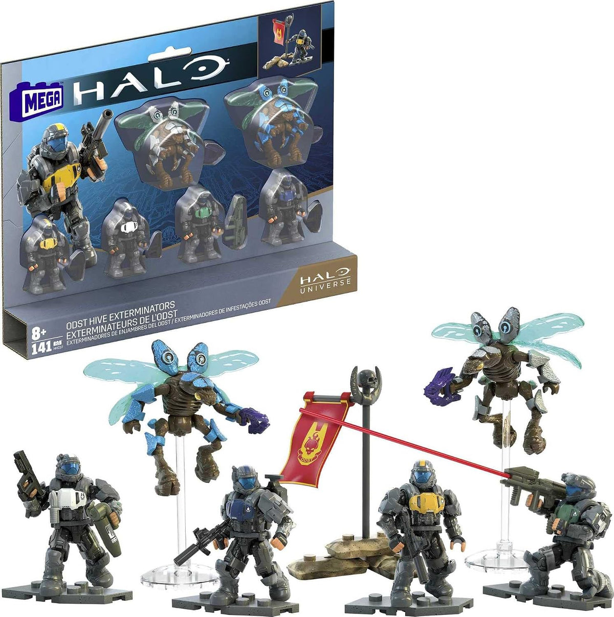 Four armored space trooper figures with two insect drones and a red flag