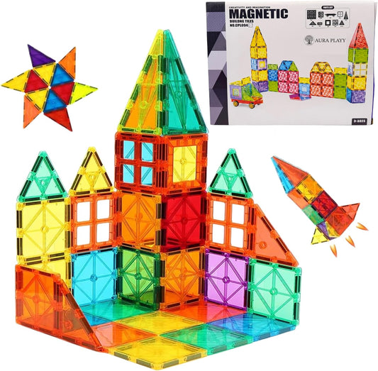 Colorful 100-piece magnetic tiles built into 3D shapes beside storage box
