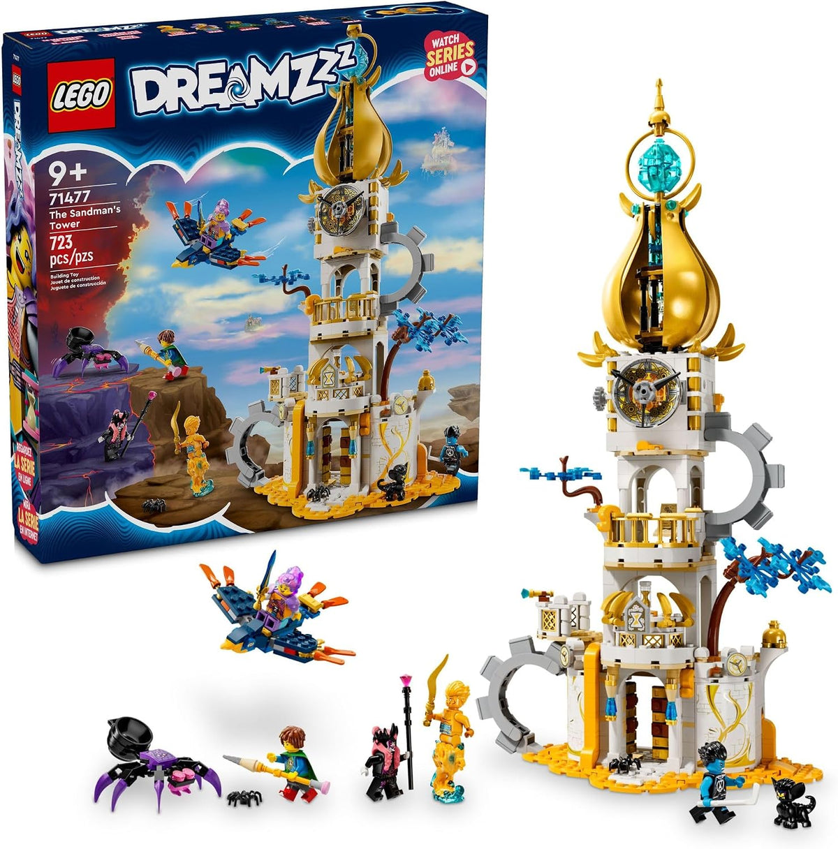 Tall fantasy tower castle brick set with spider and bird figures and four minifigures