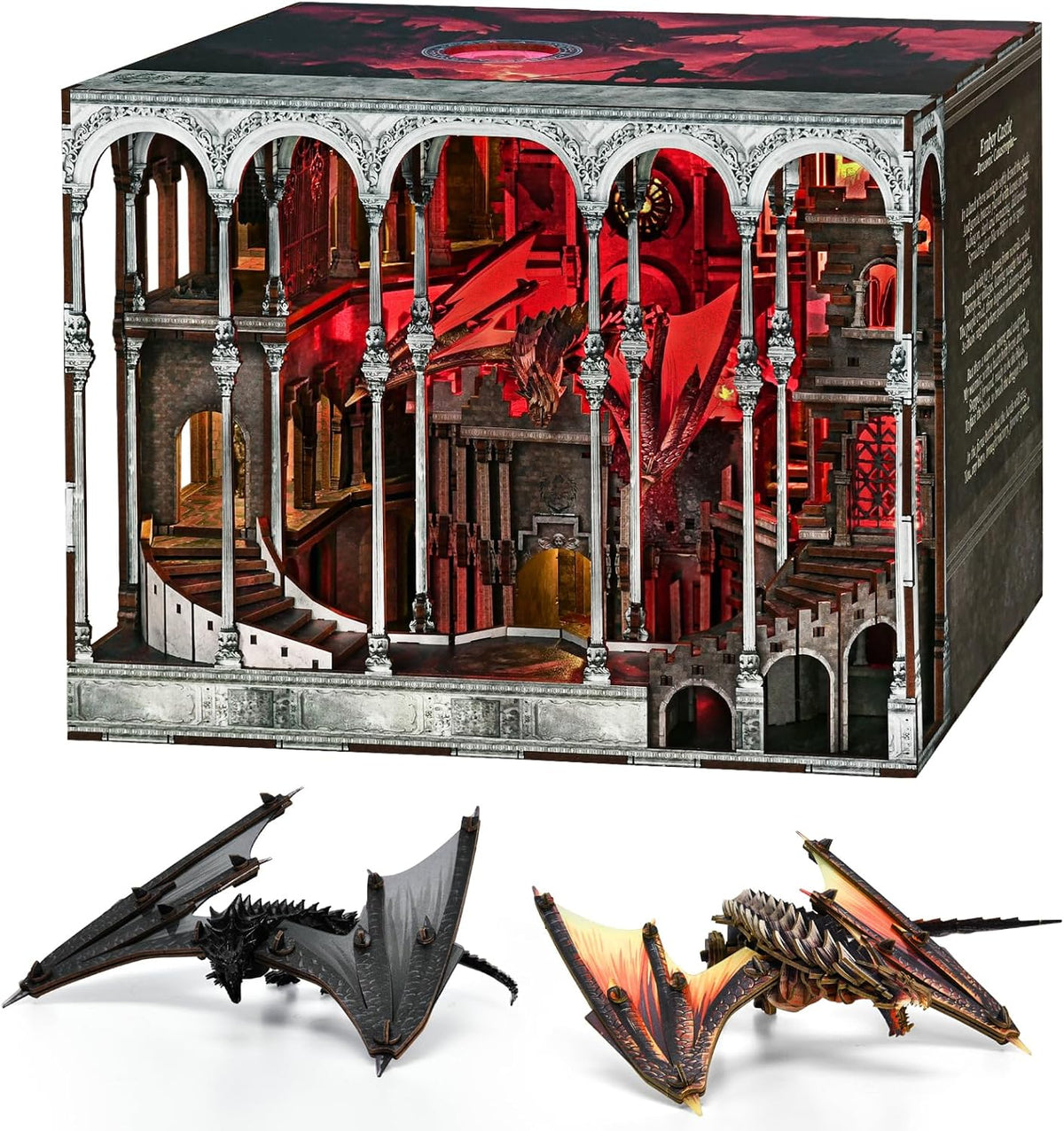 Lit fantasy castle book nook diorama standing between books on a shelf