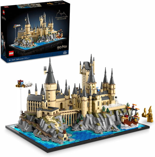 Micro-scale brick wizard castle with tall towers on rocky cliffs above a lake