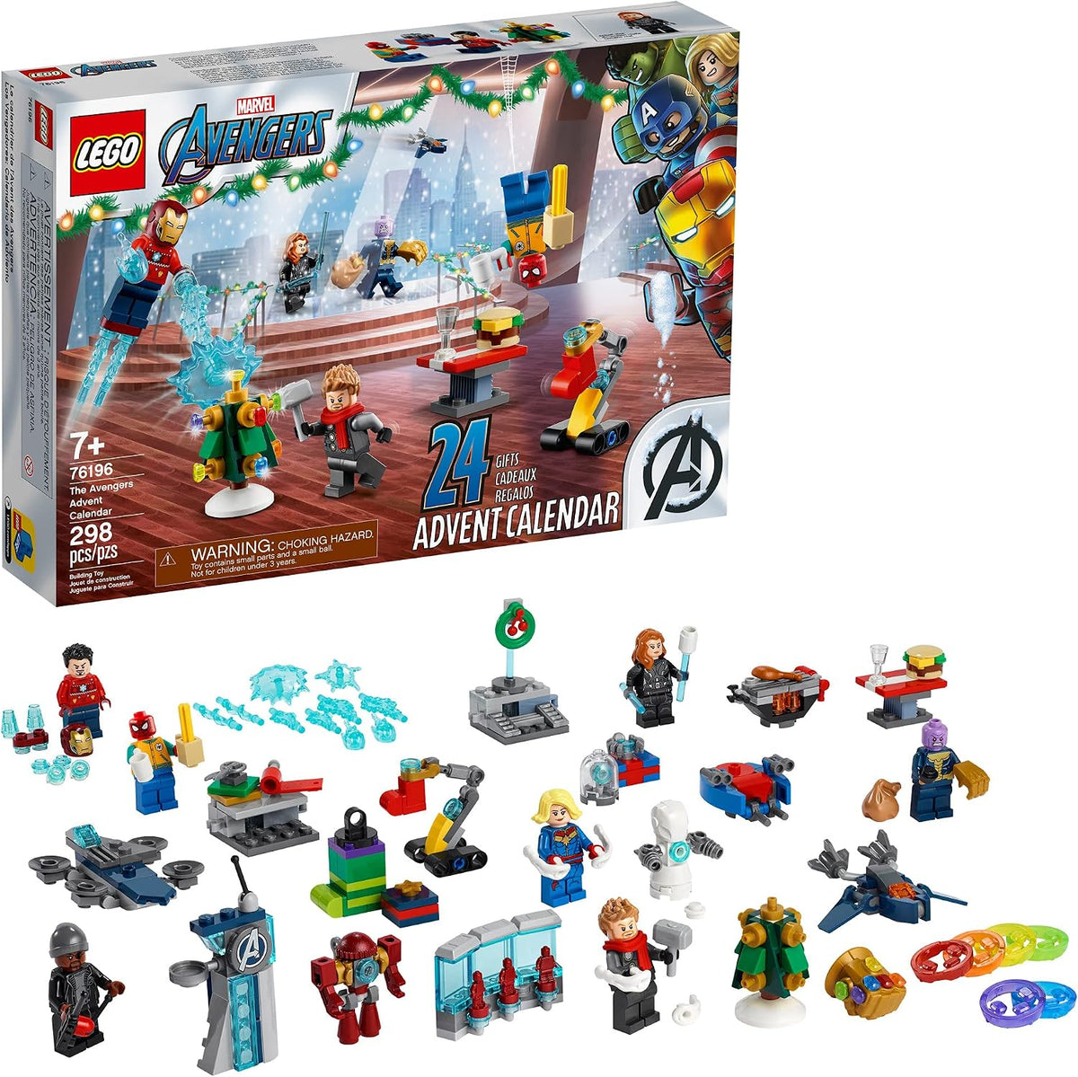 Open superhero advent calendar with small brick builds and hero minifigures in festive scenes