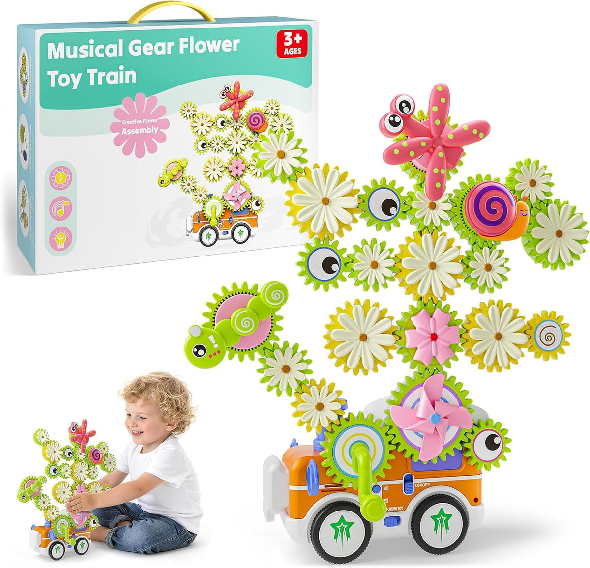 Colorful plastic gear building set forming a flower and a train – view 3