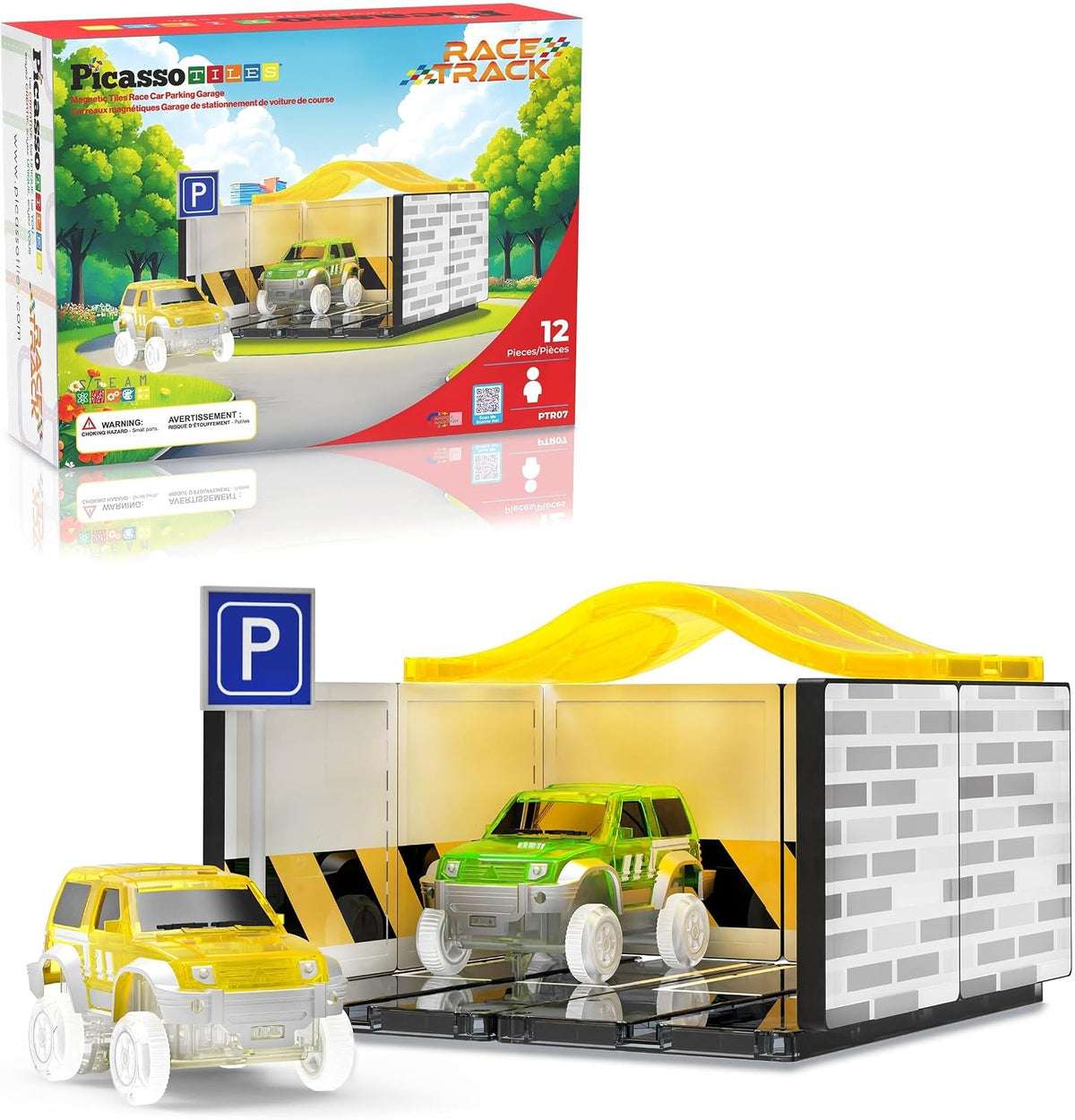 Colorful magnetic tile ramp race track with a small toy car rolling down – view 2