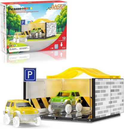 Multi-level magnetic tile race track with three light-up LED cars on the slopes – view 2