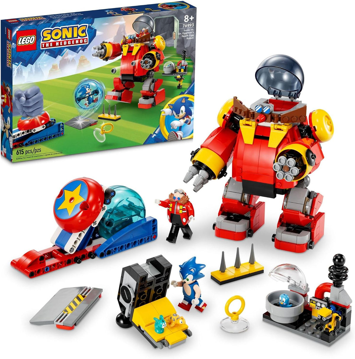 Giant villain robot brick model facing a blue hero figure in a speed sphere launcher