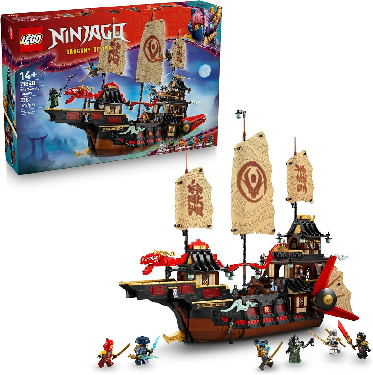 Brick-built multi-level ninja temple sailing ship on a display stand with figures