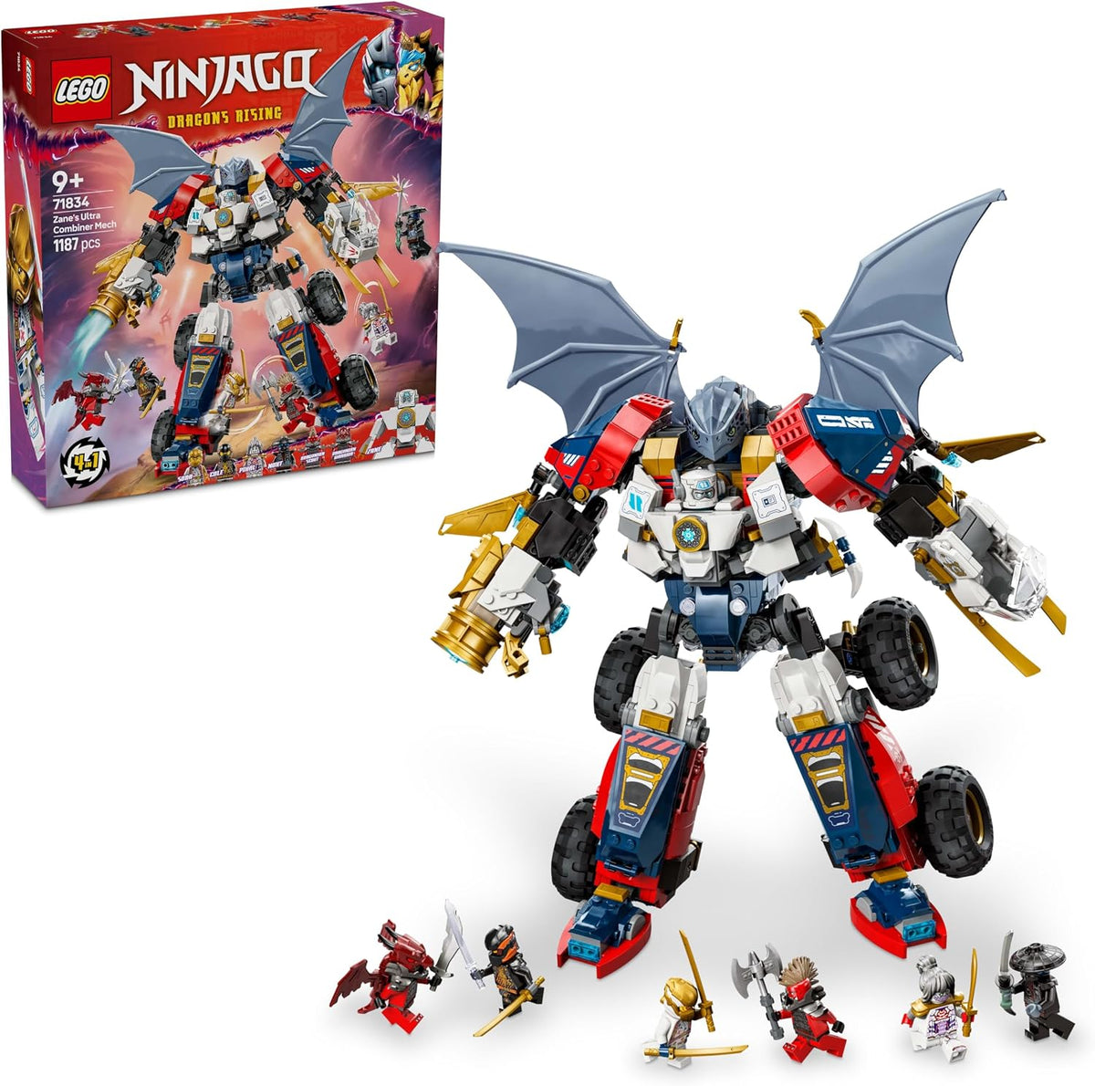Brick-built ninja mech suit with dragon wings and a large sword beside six minifigures