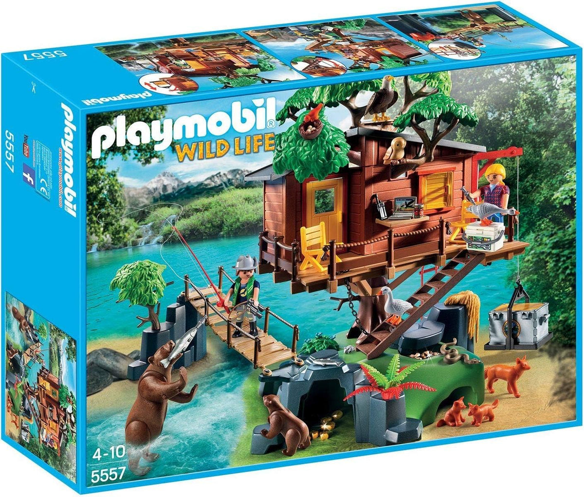 Tree house playset with grass platform, pulley, adventurer figures and forest animals