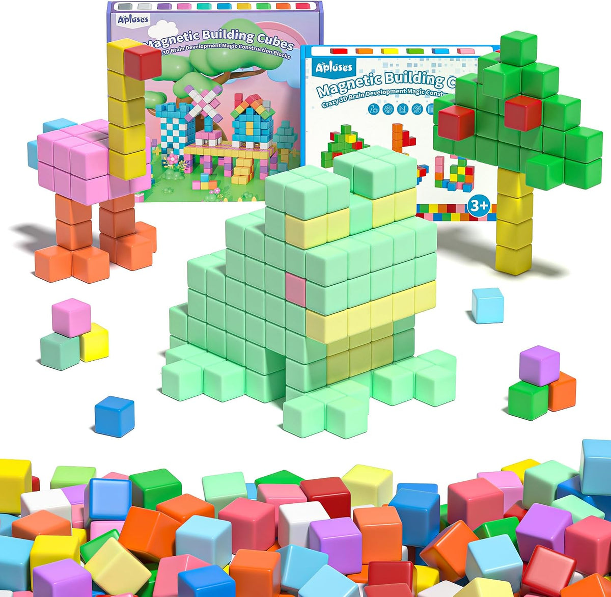 Rainbow magnetic building cubes stacked into a small house and tower
