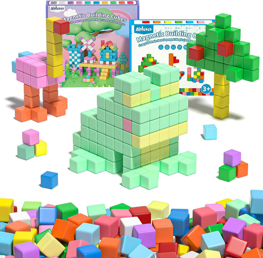 Rainbow magnetic building cubes stacked into a small house and tower