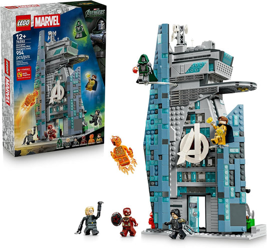Tall brick superhero tower with rooftop landing pad and open interior floors