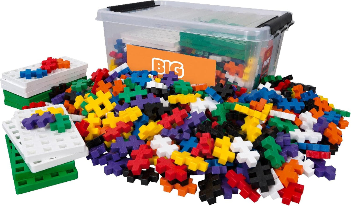 Tub of large colorful toddler building pieces with a simple build – view 2